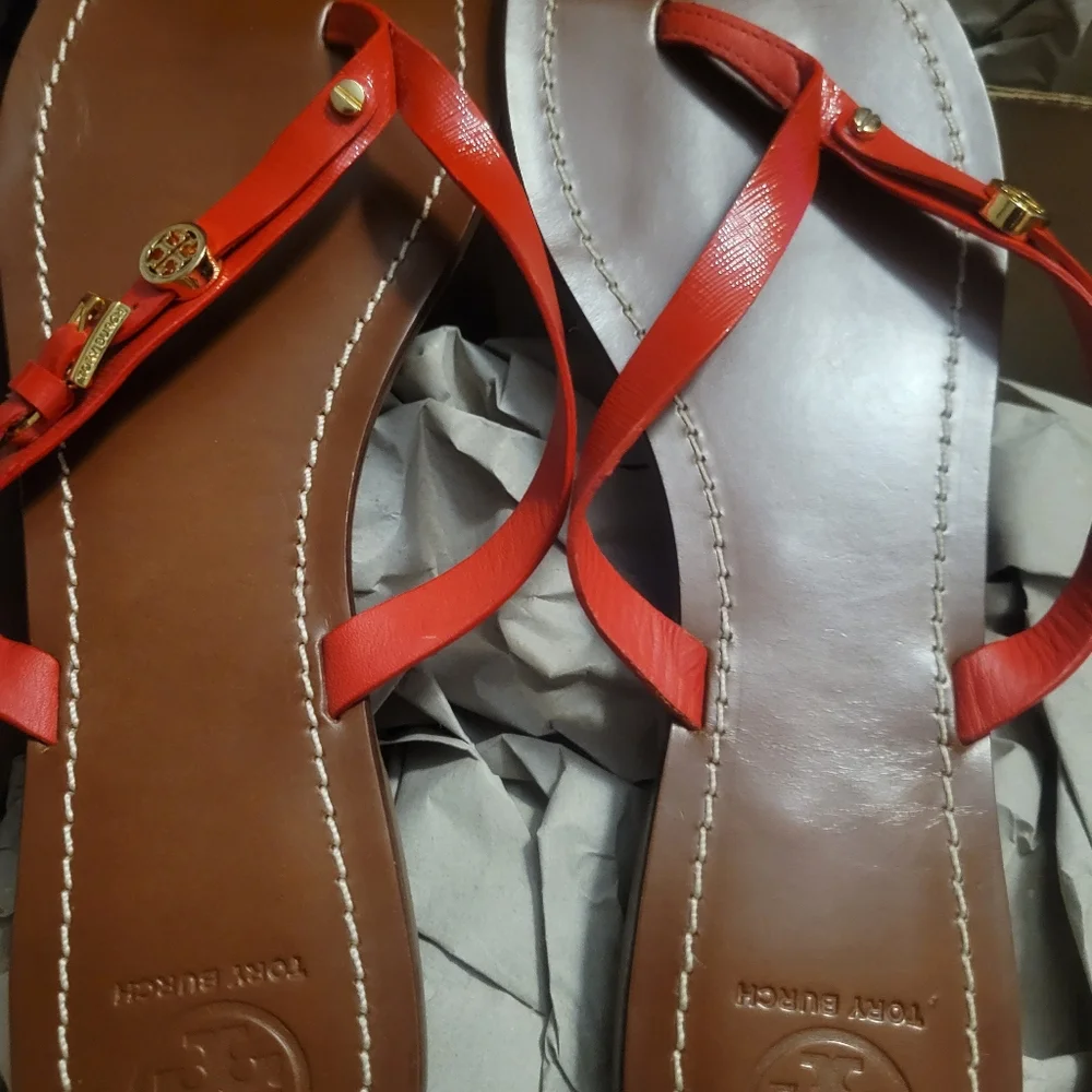 Tory Burch Red Leather Double-Strap Thong Sandals with Gold Logo